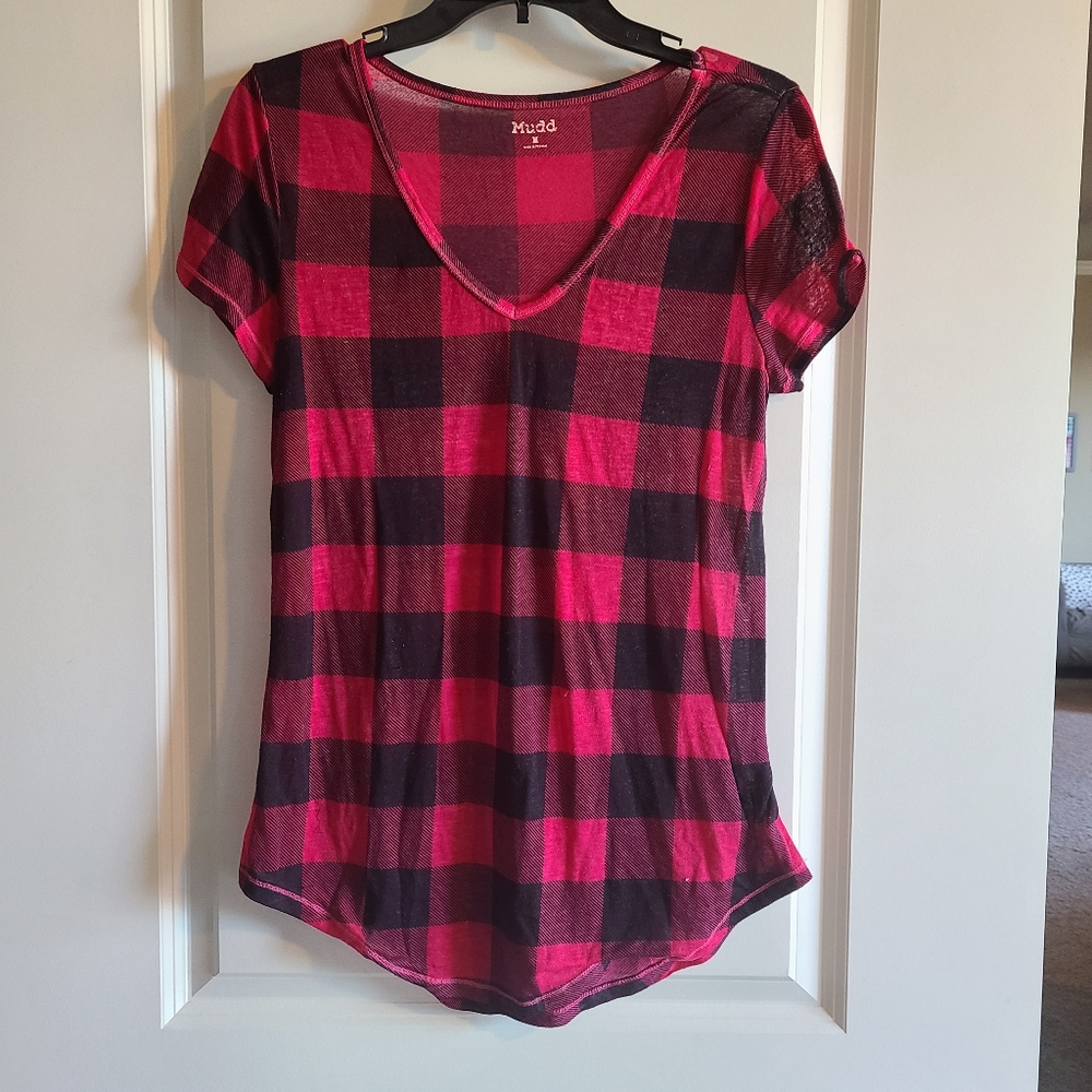 Mudd Hot Pink and Black Checkered Sheer T-shirt